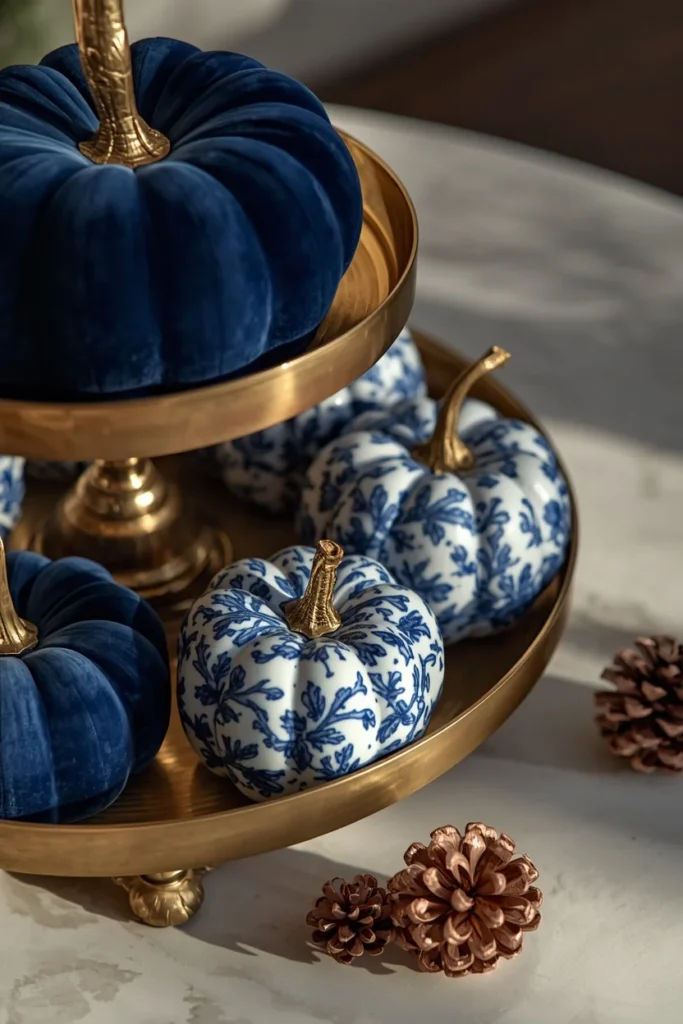  tiered tray close-up, featuring deep sapphire velvet pumpkins and blue and white chinoiserie