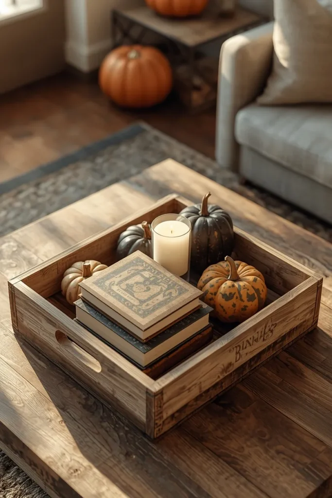 15 Fall Tray Decor Ideas to Style Your Coffee Table Like a Pro 10 coffee table, featuring a shallow reclaimed wood crate filled with stacked books