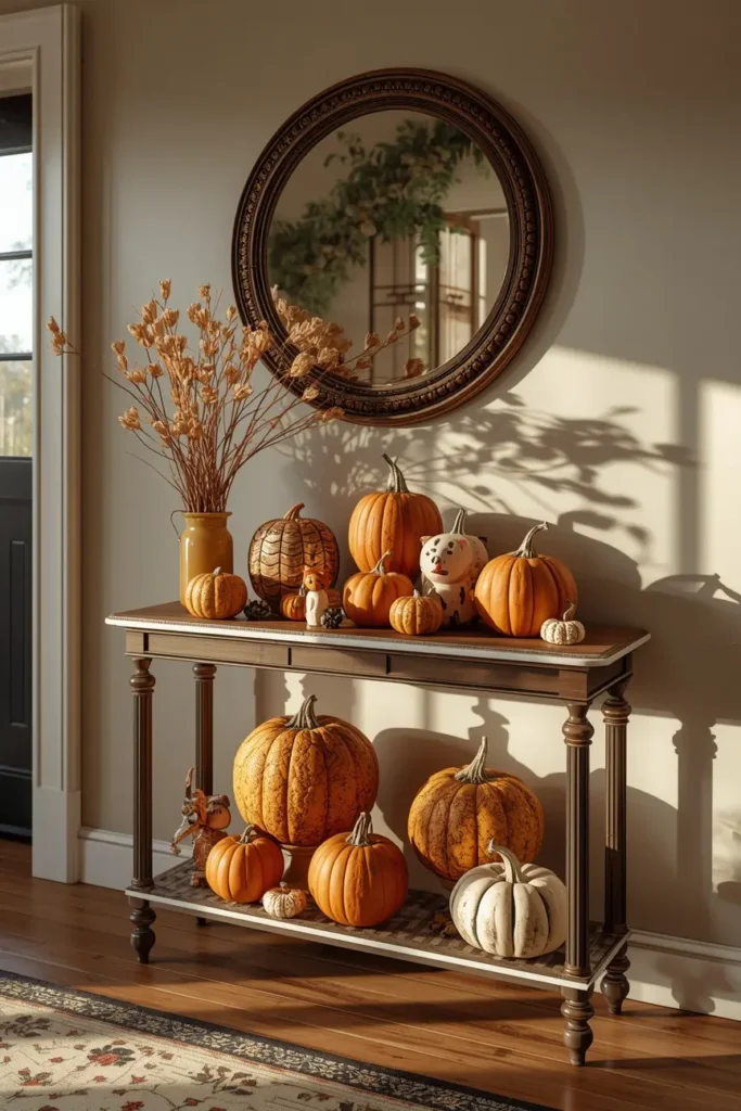 entryway console table, featuring a three-tier enamel stand loaded with pumpkins