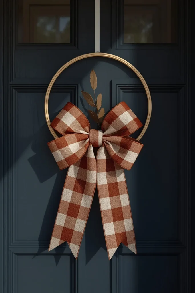 24 Fall Wreath Ideas to Welcome the Season in Style 10 front door close-up, featuring a simple wooden hoop wrapped in wide rust and cream plaid ribbon