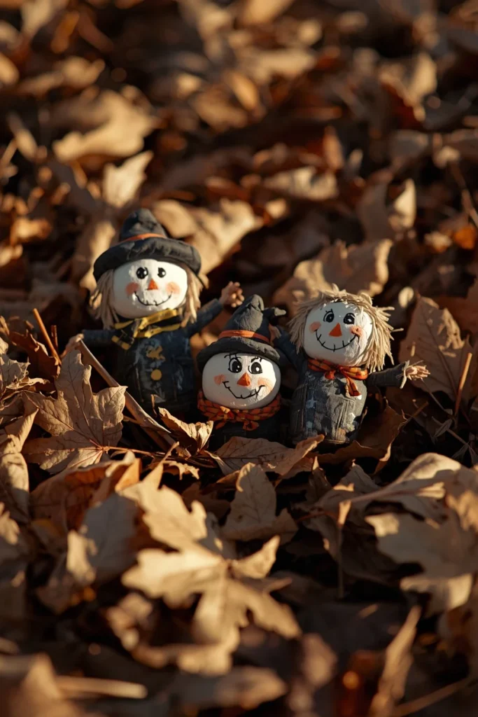 19 Fun DIY Scarecrow Ideas for fall that Kids Will Love Making 10 outdoor garden close-up, featuring a small family of painted rock scarecrows