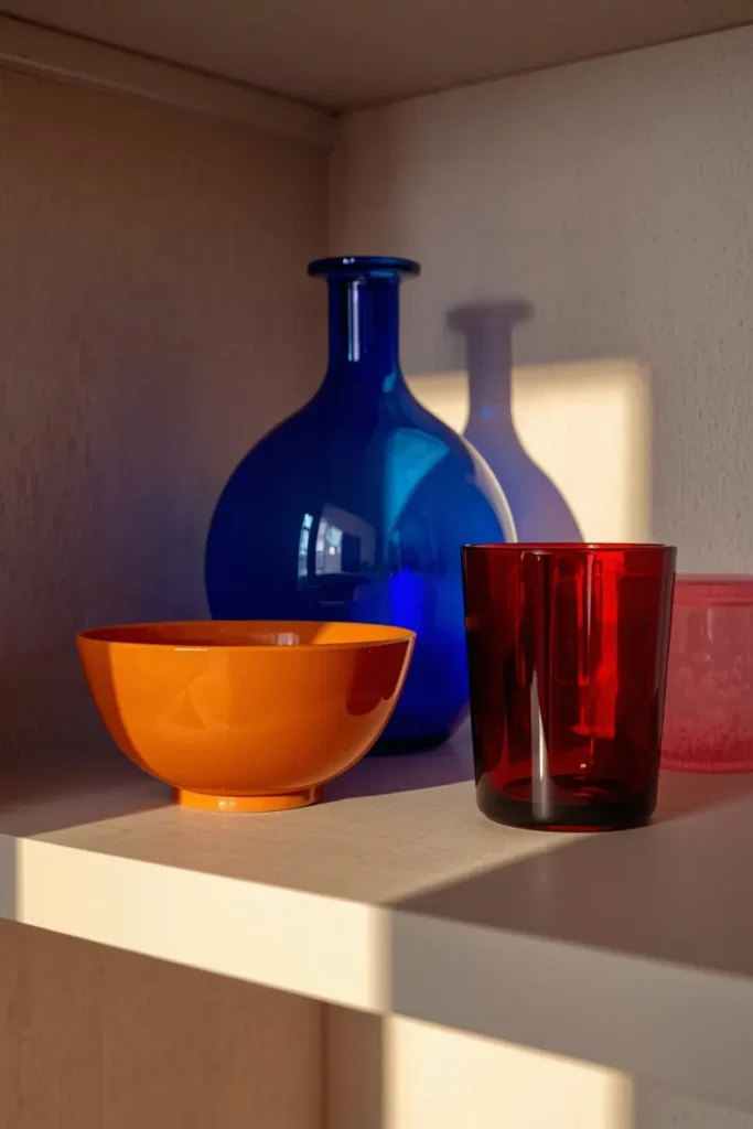 15 FunHaus Interior Ideas for a Bold, Playful Home That Breaks the Rules 10 open shelving styling shot, featuring a cobalt blue glass vase, a burnt orange ceramic bowl,