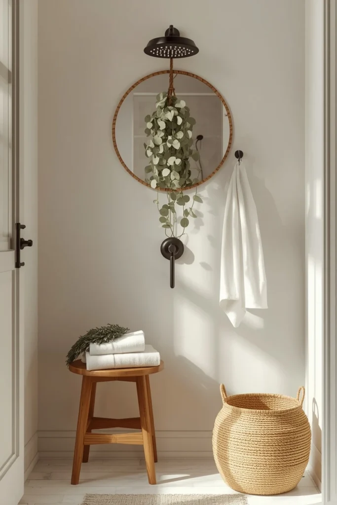 21 Green Bathroom Ideas That Bring Nature's Calm Into Your Home 10 bathroom styling vignette, featuring a fresh eucalyptus bundle