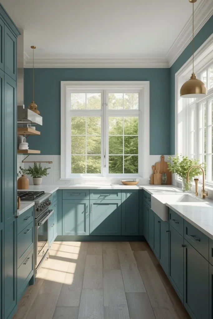 17 Green Kitchen Designs That Feel Bold, Fresh & Totally Unexpected 10 kitchen, featuring peacock blue-green cabinetry and matching wall color, white trim