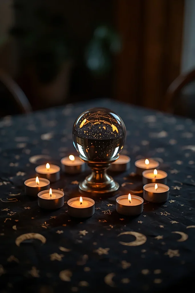 mystical tablescape shot, featuring a single glass crystal ball on a small stand encircled