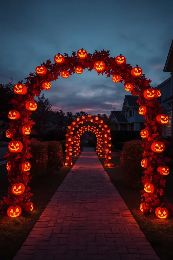 18 Halloween Walkway Ideas That Set the Spooky Mood Early 10 elaborate Halloween archway, featuring dozens of carved jack-o-lanterns