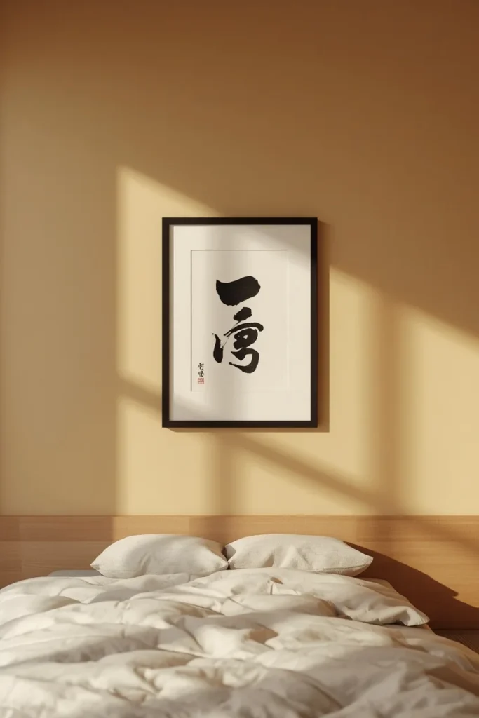  Japandi bedroom, featuring a single framed sumi-e ink brushstroke print hung slightly off-center