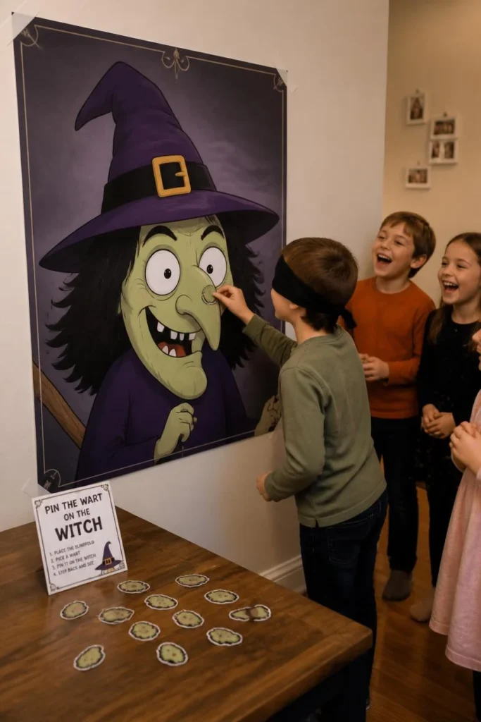  kids party game setup, featuring a large friendly cartoon witch poster 