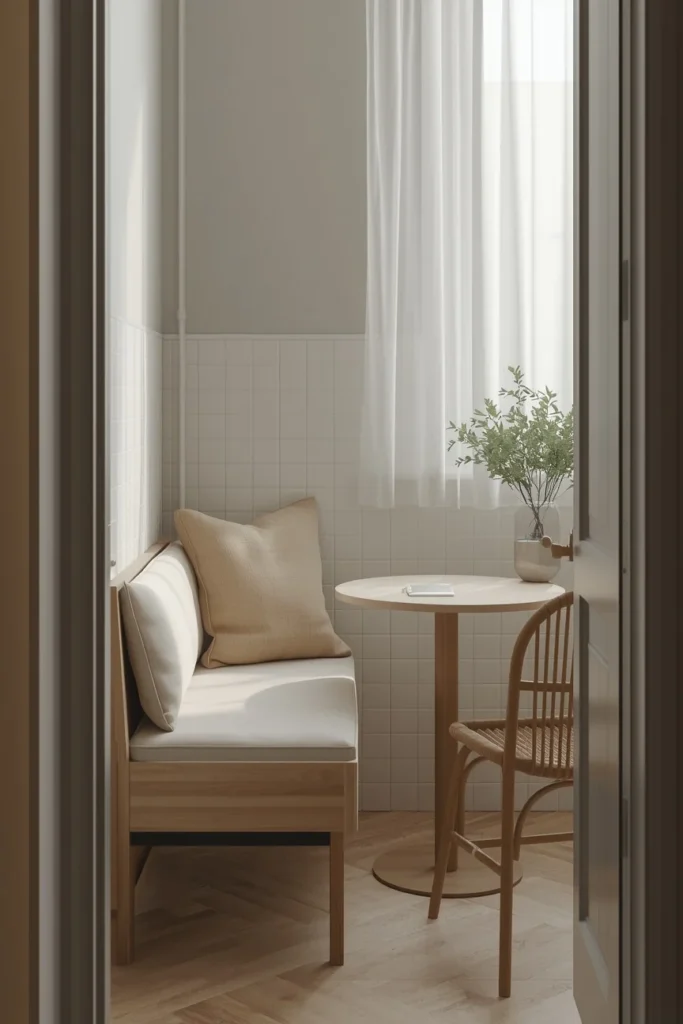 21 Kitchen Banquette Seating Ideas That Make Every Meal Feel Special 10 small kitchen nook, featuring a narrow single-bench seat with a thin cream cushion pushed