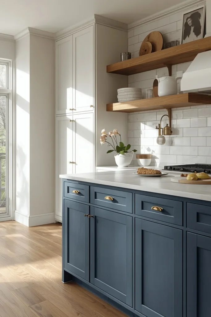 kitchen, featuring a denim blue island with white perimeter cabinets, brass hardware