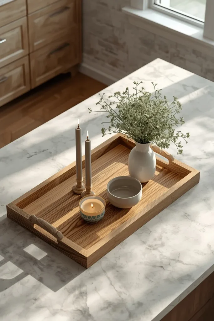 kitchen island, featuring a wooden tray centerpiece holding a lit candle