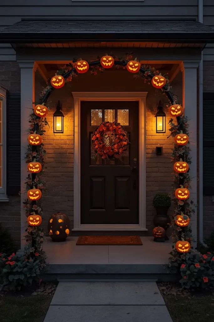  front porch entrance, featuring a black PVC pipe archway with carved