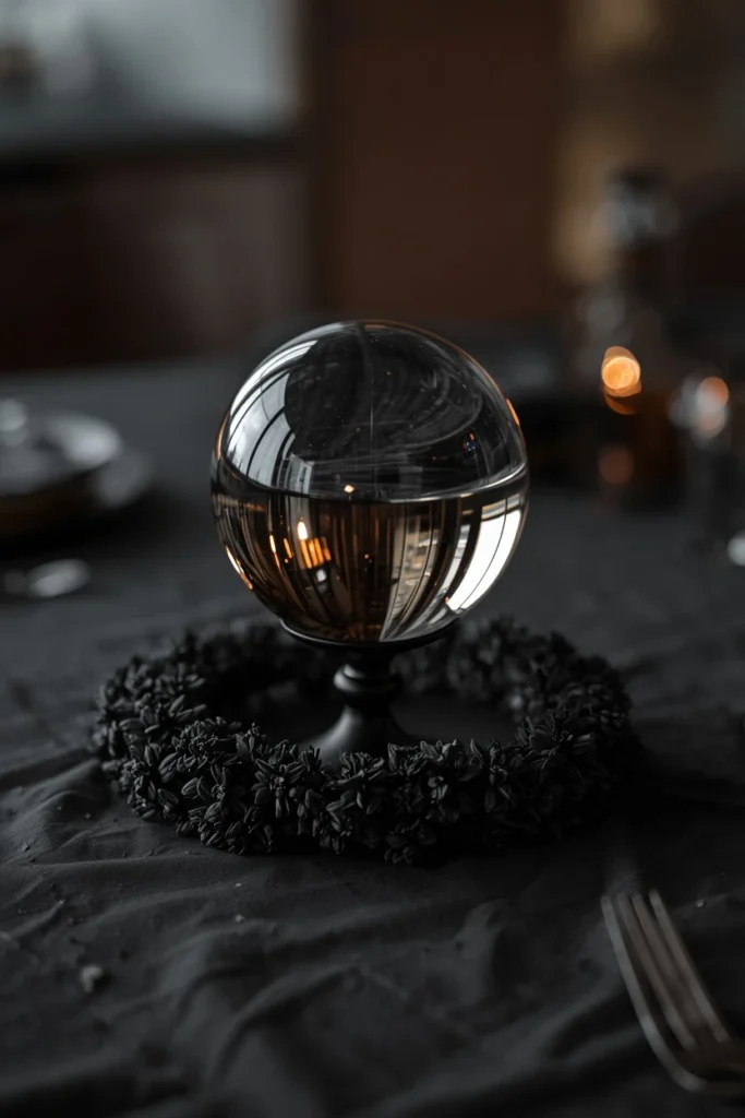 15 Last-Minute Halloween Tablescape Ideas That Look Planned 10 dining table centerpiece, featuring a glass crystal ball resting on a small black
