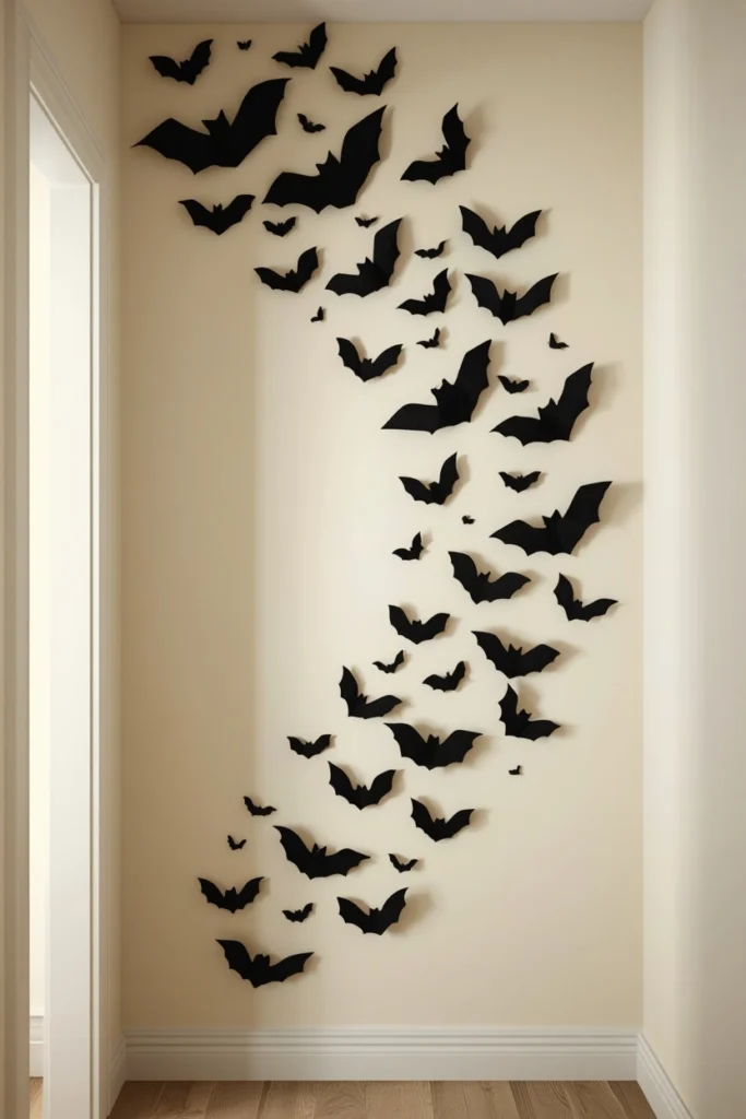  hallway wall, featuring a flock of black paper bat silhouettes in varying sizes arranged