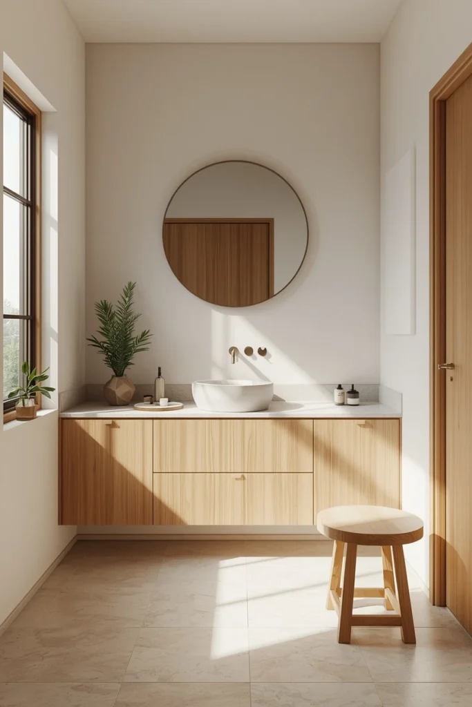 25 Modern Bathroom Designs That Look Like a 5-Star Spa Retreat 10 Japandi bathroom, featuring flat-front light wood cabinetry, a single ceramic vessel sink