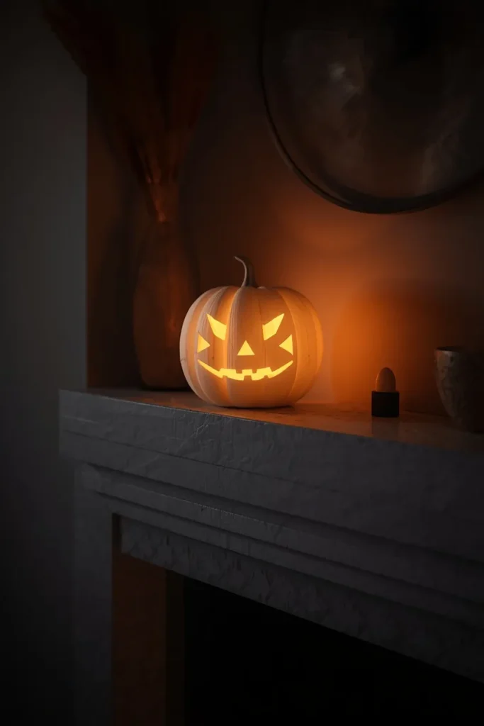 16 Modern Halloween Mantle Decor Ideas That Feel Fresh 10 modern fireplace mantel at dusk, featuring one pale white pumpkin carved