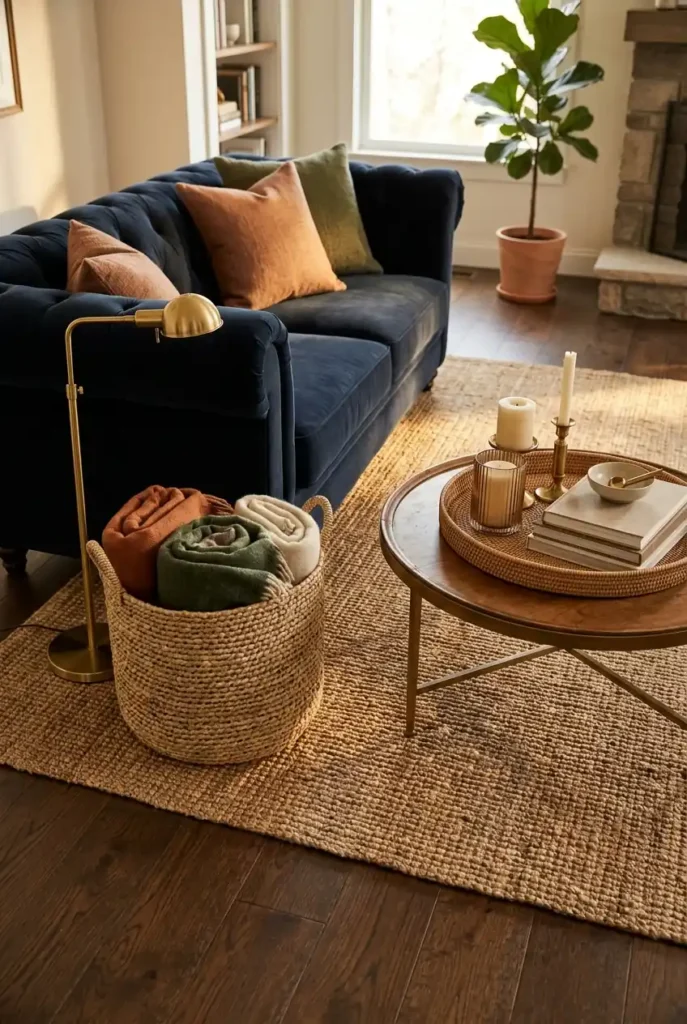 living room floor styling, featuring a large woven basket with folded wool throws