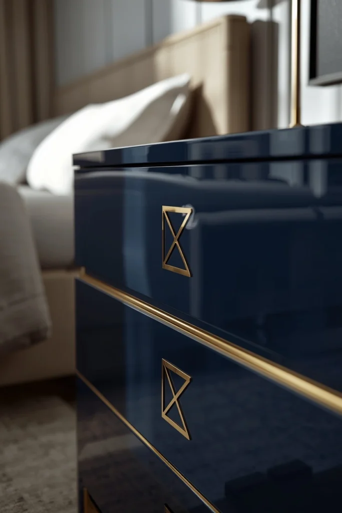  bedroom, featuring a high-gloss navy lacquered dresser with brass geometric inlay