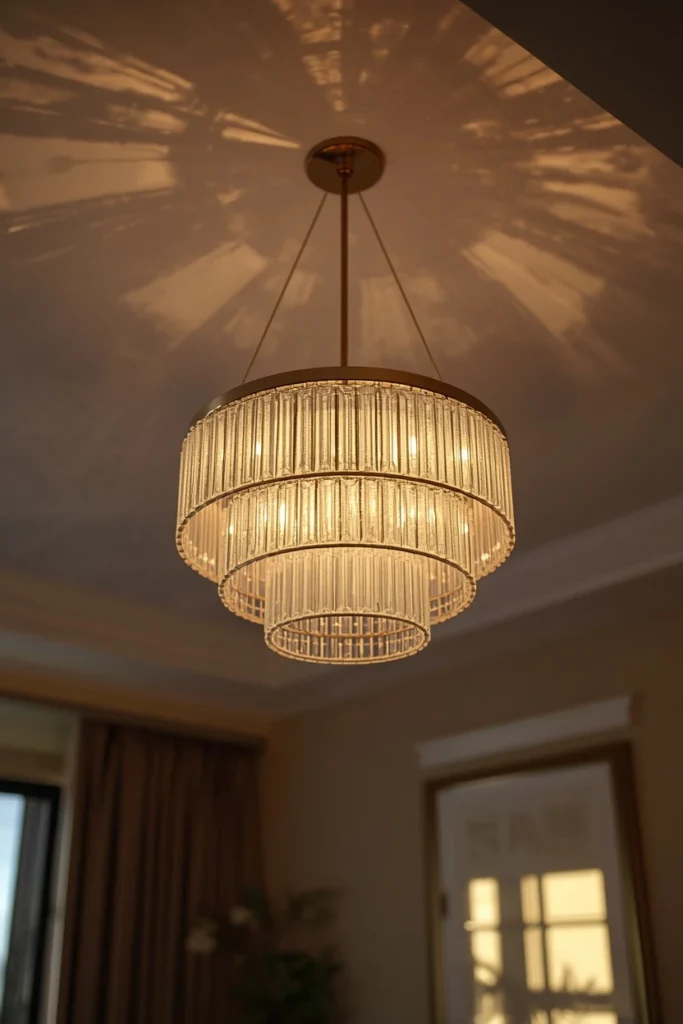  living room ceiling close-up, featuring a tiered brass and frosted glass chandelier 