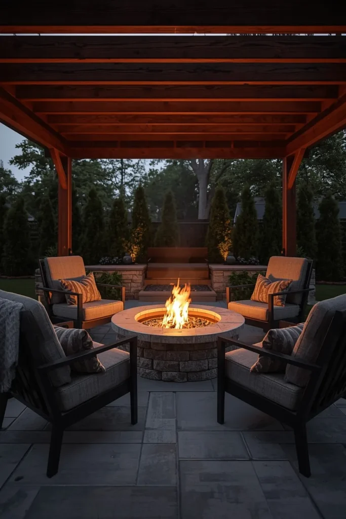  backyard fire pit lounge under a wood pergola, featuring a round fire table