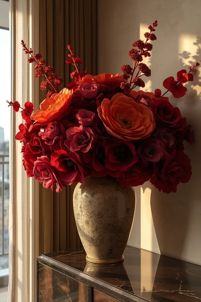 small apartment living room, featuring an oversized faux floral arrangement 