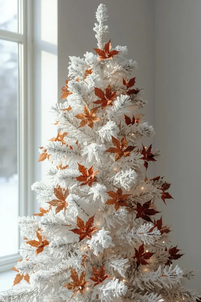 15 Simple Thanksgiving-to-Christmas Tree Transition Ideas 10 flocked white Christmas tree, featuring warm rust-toned autumn leaf picks