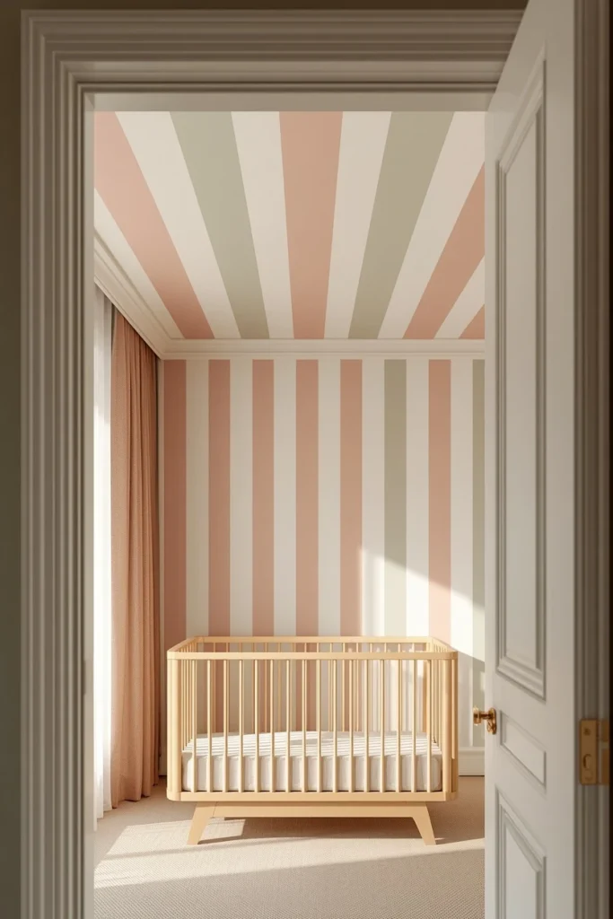 16 Striped Ceiling Ideas to Add Instant Personality Overhead 10 nursery, featuring a ceiling striped with alternating-width bands in soft dusty rose