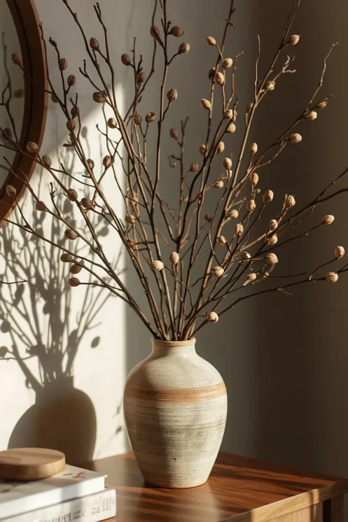 17 Understated Fall Decor Ideas for a Minimal, Modern Home 10 console table shot, featuring a loose arrangement of foraged dried branches