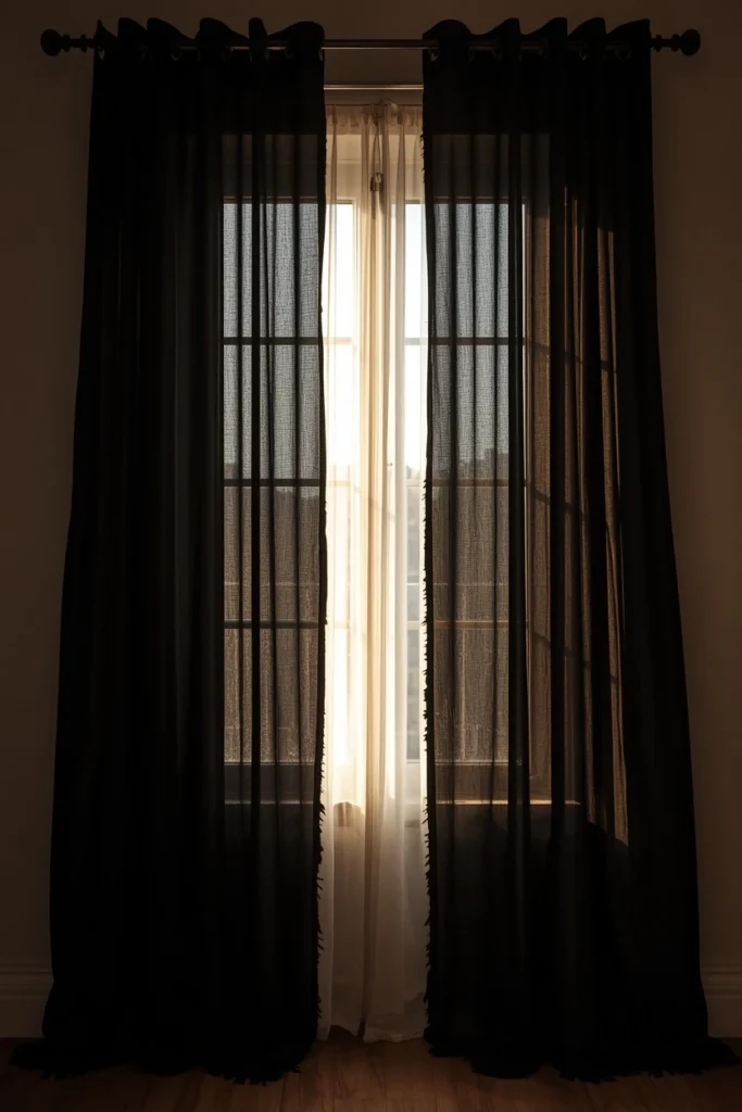 21 Vampy Romantic Bedroom Ideas for a Moody, Gothic-Chic Retreat 10 window styling shot, featuring heavy black curtains with a tattered