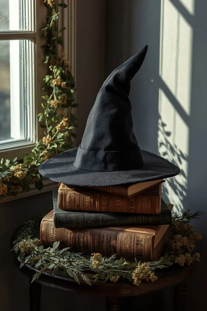 23 Vintage Halloween Decor Ideas That Look Straight Out of an Old Storybook 10 side table styling, featuring a weathered black felt witch hat resting atop