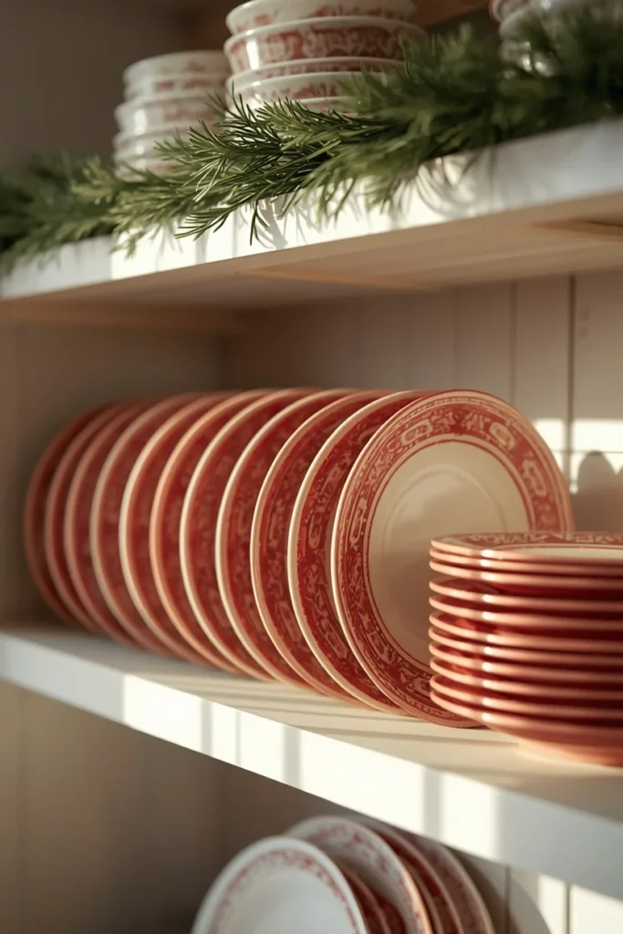 19 Ways to Decorate a Farmhouse Kitchen for Christmas (Cozy, Budget-Friendly Ideas) 10 farmhouse kitchen plate rack, featuring red and white transferware plates