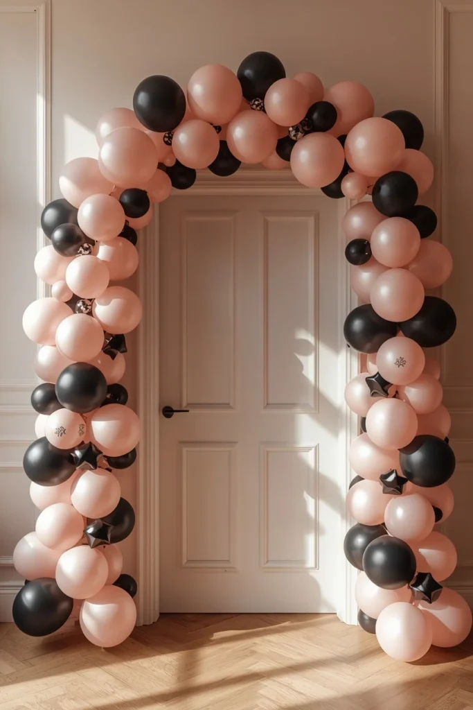 25 Whimsical Halloween Decor Ideas That Feel Spooky and Cute 10 party doorway, featuring a balloon garland arch made of blush pink, dusty rose