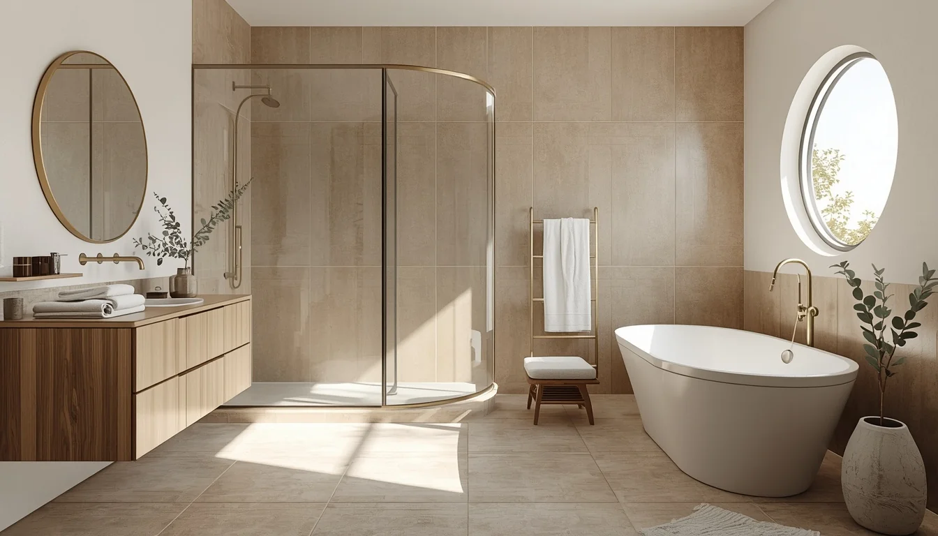 25 Modern Bathroom Designs That Look Like a 5-Star Spa Retreat 1 bathroom, featuring a floating white oak vanity, backlit round mirror,